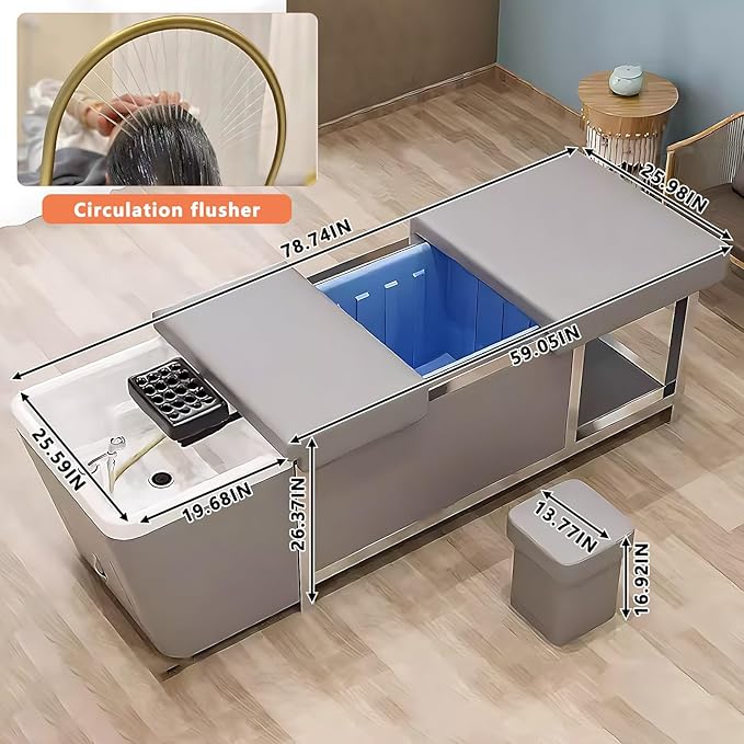 HHEvergreenEnsem Massage Shampoo Bed with Sink & Head Spa Equipment, No Plumbing Head SPA Bed Includes 24 gal Large Water Tank, Storage Space (with Stool, Grey)
