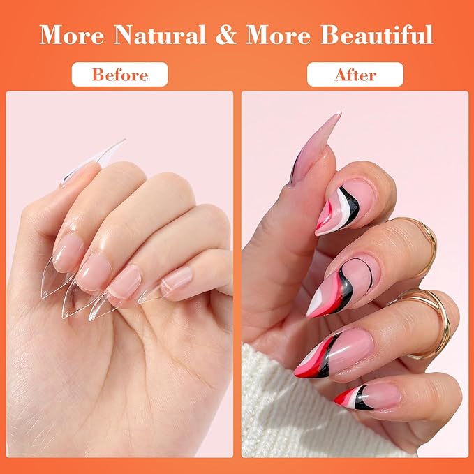 Short Stiletto Nail Tips, 500PCS Gel Tips for Acrylic Nails Professional, Clear Short Amlond Acrylic Nails, Full Cover Nail Tips for Nail Extension for DIY Home Salons, 10 Sizes with Box