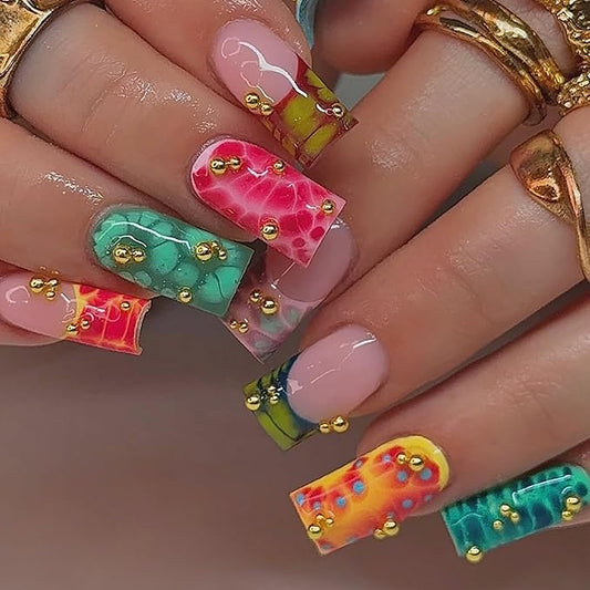 Square Press on Nails Medium Fake Nails Red Artificial Nail Multicolor Tortoise Shell and Gold Charm Designs Cute Stick on Nail for Women 24pcs