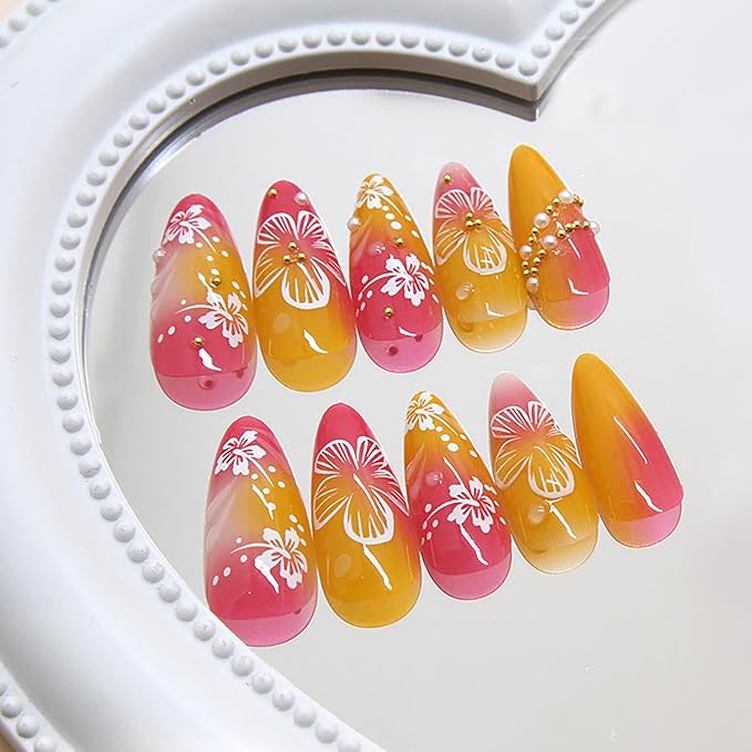 24Pcs Flower Press on Nails Medium Almond Fake Nails with 3D Designs Gold Pearl Rhinestone Glue on Nails Summer False Nails Gradient Orange Red Acrylic Nails Full Cover Stick on Nails for Women