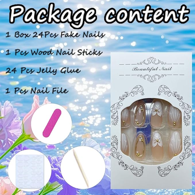 Nude Press on Nails Medium Almond Fake Nails 3D Flower Water Droplet Ripple Designs Gold Beads Rhinestones Charms False Nails Glossy Full Cover Glue on Nails Summer Acrylic Nails Kit for Women 24Pcs