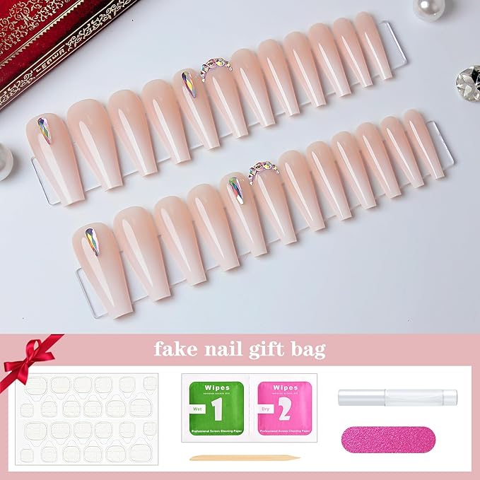 Yivaiks 24 Pcs Pink Press on Nail Long Coffin Fake False Nails with Rhinestones Design Ballerina Glue on Nails Glossy Acrylic Press ons Coffin Nails Artificial Stick on Nails for Women