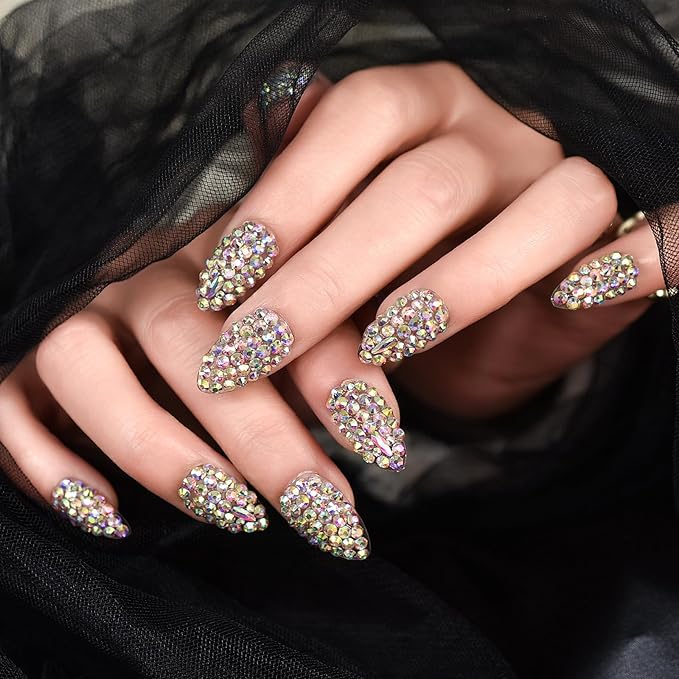 Handmade Nails 24pcs Full Cover 3D Rhinestones Press On Nails Almond Medium Length Nails Women Girls Gifts Salon Manicure Shiny Crystal Nail Art Tips Fake Nails Reusable Acrylic False Nails