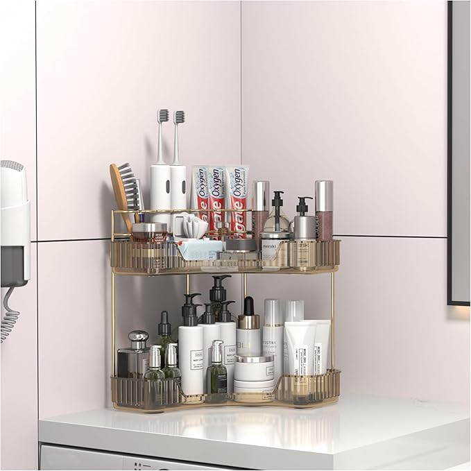 Corner Bathroom Counter Organizer with Top Toothbrush Holders, 2-Tier Make Up Organizers for Vanity with Brush Holder, Corner Storage for Bathroom, Kitchen, Dresser