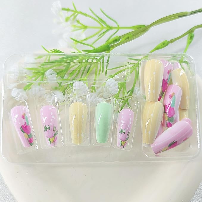 Medium Coffin Press on Nsils Spring Summer Fake Nails Yellow Pink Stick on Nails for Women 24Pcs with Flower Lines Designs Colorful Glue on Nails Girls Nail Press ons Glossy Art