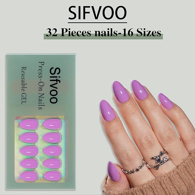 Press on Nails, Short Purple Press on Nails Almond Reusable Glossy Purple Nails Soft Gel False Nails Press ons for Women, 16 Sizes 32 Count Nails Kit with Glue (SV-13)