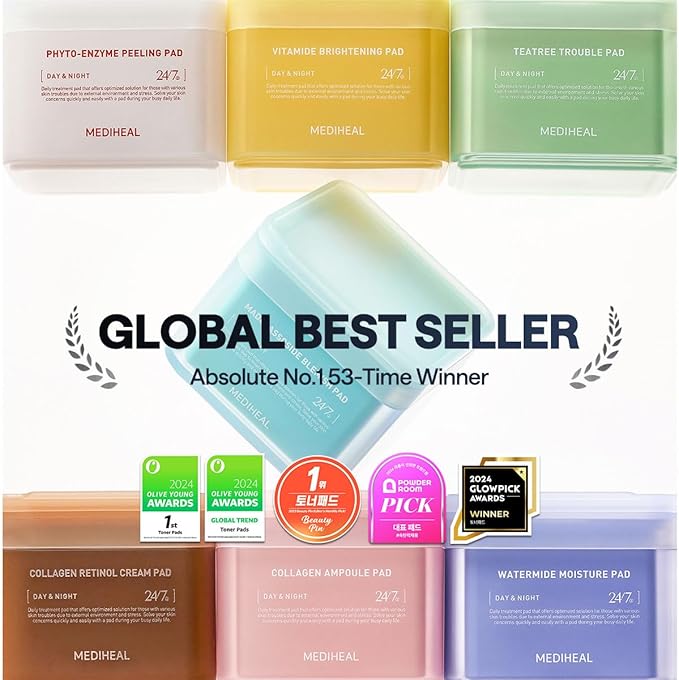 MEDIHEAL Toner Pads [Collagen] - Ampoule Toner Pad with Collagen & Ceramide - Skin Firming & Restore Elasticity & Deep Hydration - Tighten Wrinkles & Lines - Vegan Moisturizing Fabric (100 Count)