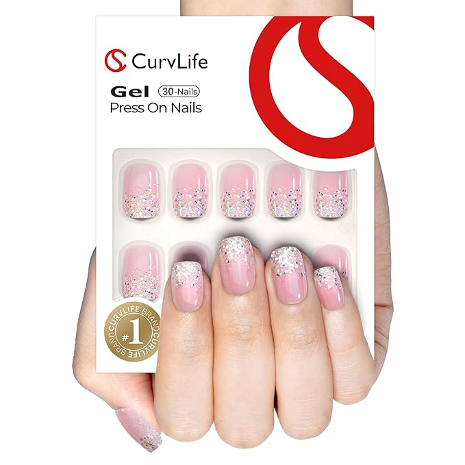 Curvlife Soft Gel Press on Nails, Short Square Shining French Nail Tips, 30pcs Full Cover Design Reusable Fake Nails Kit with Glue and Adhesive Tabs