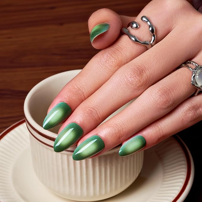 Wooyas Press on Nails Almond, Ombre Green Short Stiletto Glossy False Nails,Reusable Salon Perfect Fake Nail Kit in 12 Sizes - 24 Pcs Soft Gel Glue On Nails Kit for Women Gift