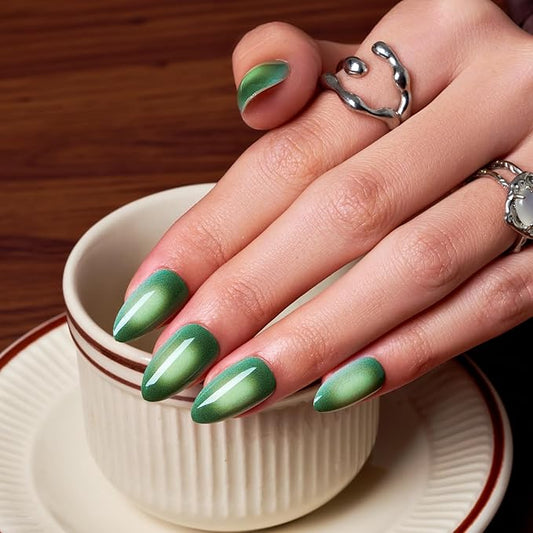 Wooyas Press on Nails Almond, Ombre Green Short Stiletto Glossy False Nails,Reusable Salon Perfect Fake Nail Kit in 12 Sizes - 24 Pcs Soft Gel Glue On Nails Kit for Women Gift