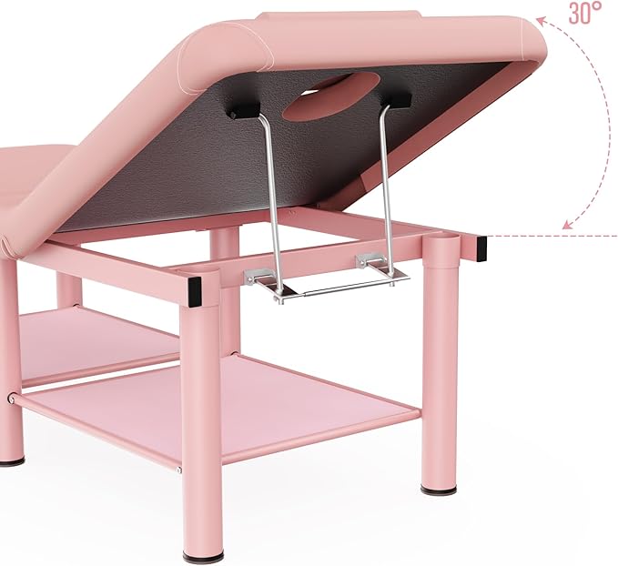 Folding Stationary Massage Table with Backrest and Storage Space, 6 Round Legs Metal Frame PU Leather, 30.5'' Wide × 75'' Long for Treatment Table Physical Therapy Table Spa Facial Bed, Pink