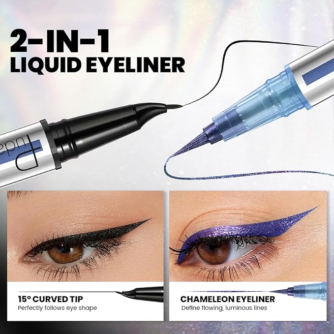 Pudaier Black and Multichrome Waterproof Liquid Eyeliner, Stay All Day Eye Liner Pen with Precise Tips for Women, Smudge-Proof & Transfer-Resistant, Vegan & Cruelty-Free