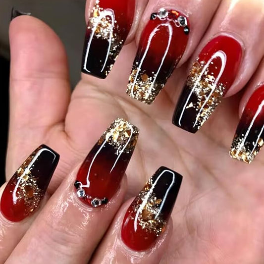 Coffin Press on Nails Medium Black Gradient Acrylic False Nails with Glitter Sequins Design Rhinestones Glue on Nails Claret Full Cover Coffin Nails Press ons Glossy Stick on Nails for Women 24Pcs