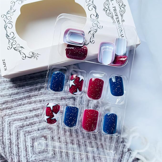 Independence Day Press on Nails Short Square 24Pcs 4th of July Fake Nails with White Star Stripe Designs Red Blue Glitter Patriotic Acrylic Nails Glossy Glue on Nails for Women Manicure