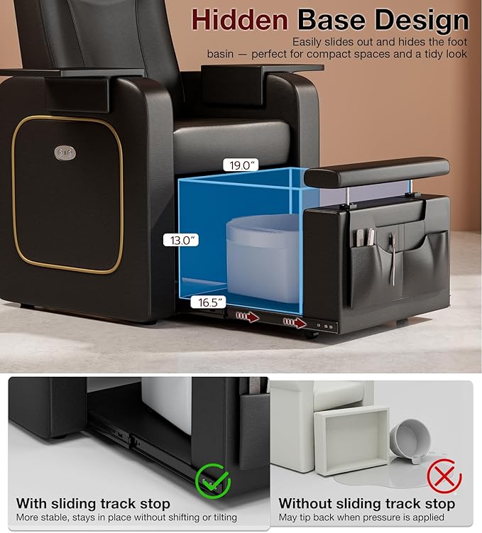 VARONXE Electric Reclining Pedicure Chair No Plumbing for Foot Spa, Profesional Pedicure Stand with Tool Pouch for Nail Teach, Ergonomic Pedi Sofa with Sliding Tray for Small Spaces, Black