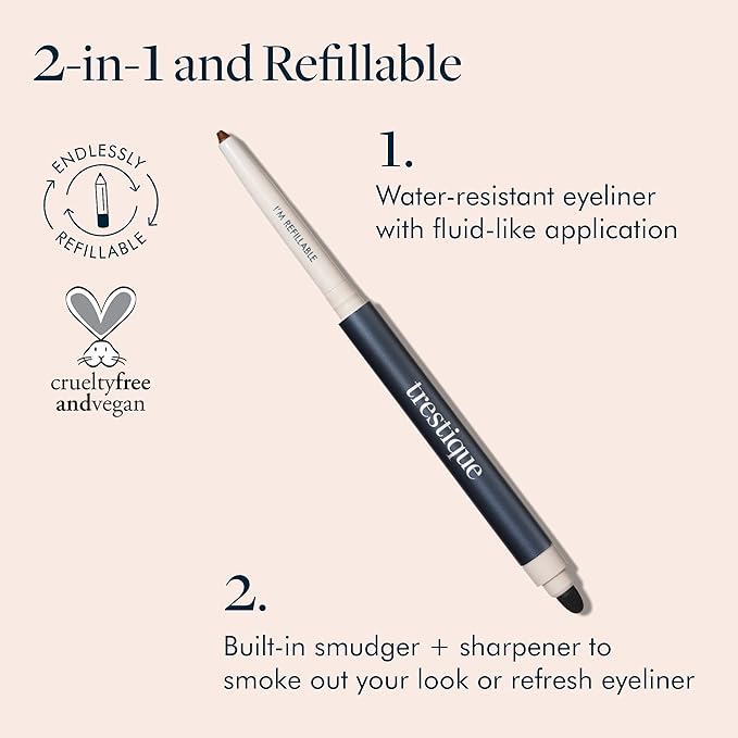 TRE'STIQUE Eyeliner, Refillable Long Lasting Eyeliner Pencil With Built-In Smudger And Sharpener, Clean Beauty Eye Pencil, Sustainable