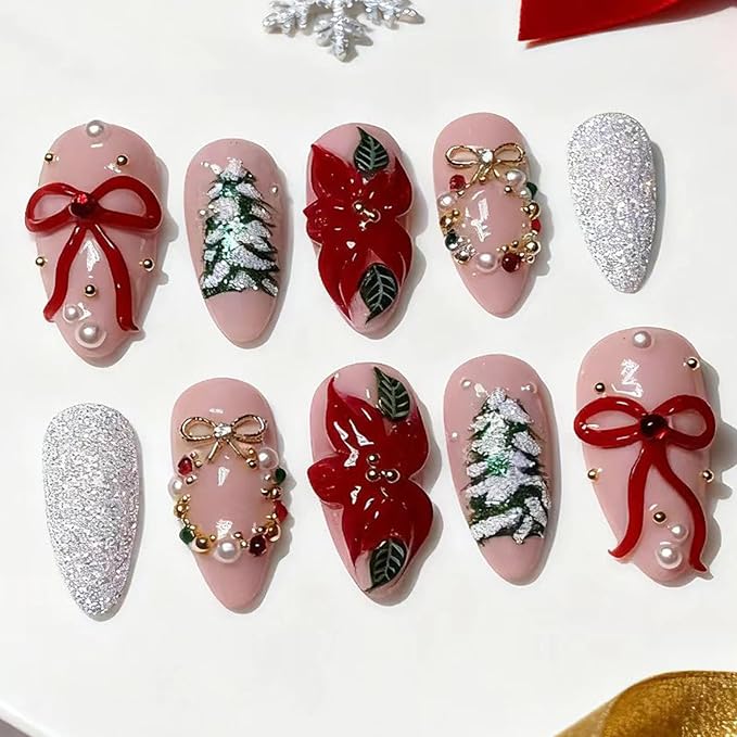 24Pcs Christmas Press on Nails Medium Almond Fake Nails 3D Red Bow with Silver Glitter Pearl Rhinestones Design Christmas Tree Wreath Flowers False Nails Christmas Glue on Nail for Women Manicure DIY