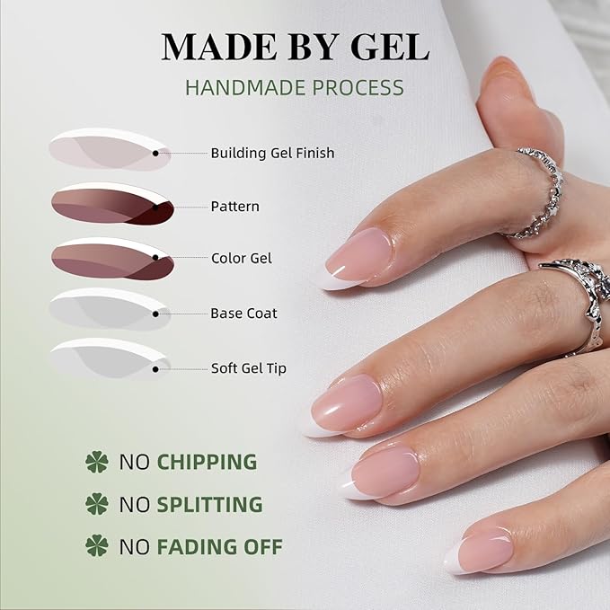 White French Tip Press On Nails - White Short Almond Fake Nails, French Tip Press On Nails Reusable Stick On Nails in 16 Sizes, 32pcs False Nail Kit for Women & Girls
