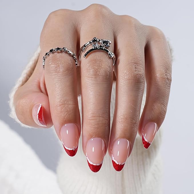 Red French Tip Press On Nails Twinkle Short Almond Glitter Red French Tip Nails with a Glossy Finish, Press On Nails Reusable Stick On Nails in 16 Sizes, 32pcs False Nail Kit for Women & Girls