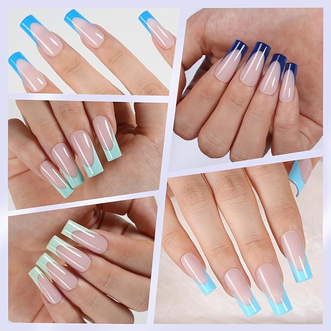 Misssix French Gel Nail Tips, 150Pcs Blue French Tip Press on Nails Long Square, No Need to File Tips Pre-lasting, Fake Nails for Nail Art DIY 15 Sizes