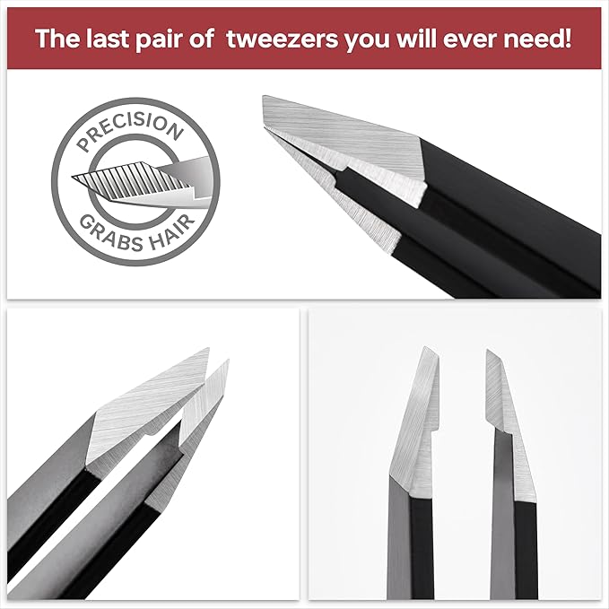 Tweezers for Women Facial Hair, Precision Slant Eyebrow Tweezers, Sharp Plucker for Remove Hair and Blackhead, With Travel Case