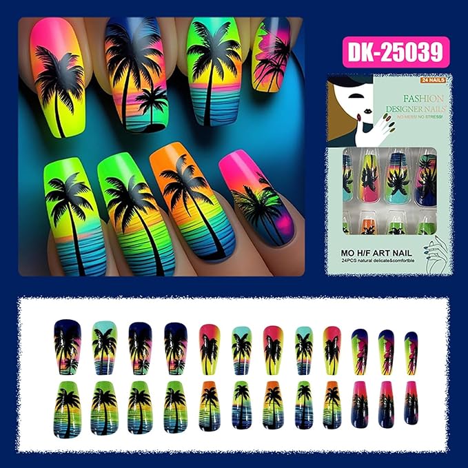 Black Coconut Tree Press on Nails Long Length Colorful Fluorescence Acrylic Nail Full Cover Glossy Ballet Shaped Artificial Stick on Nail Beach Artificial Fingernails DIY Glue on Nails for Women 24Pcs