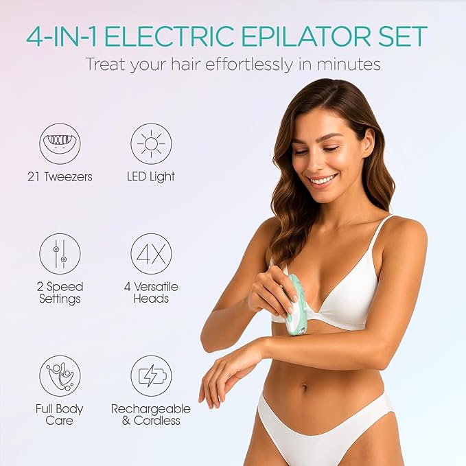 Epilator for Women-Cordless Epilators Hair Removal for Women, 4-in-1 Electric Razor Hair Remover, 2 Speeds & 21 Tweezers for Face Legs Arms Armpit Bikini, Green HR310