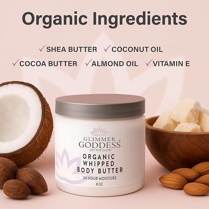 Glimmer Goddess Organic Whipped Body Butter for Women - Moisturizer Cream with Shea & Cocoa Butter, Almonds & Coconut Oil - Christmas Cookie, 8oz