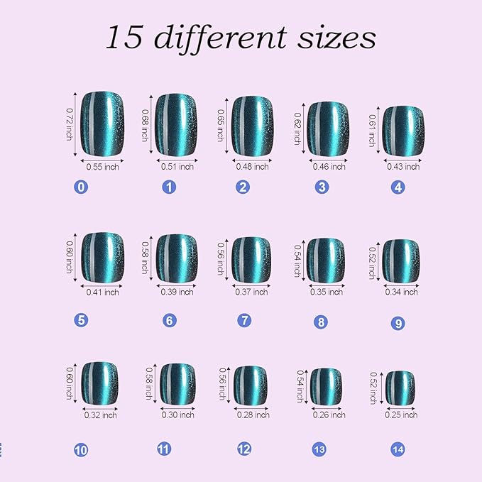 Cat Eye Press on Nails Summer, Jsiallye 300pcs Colored Short Square Press on Nails for Women, Soft Gel Fake Nails, Glossy Glitter Cat Eye Nail Tips Stick On Nails in 15 Sizes