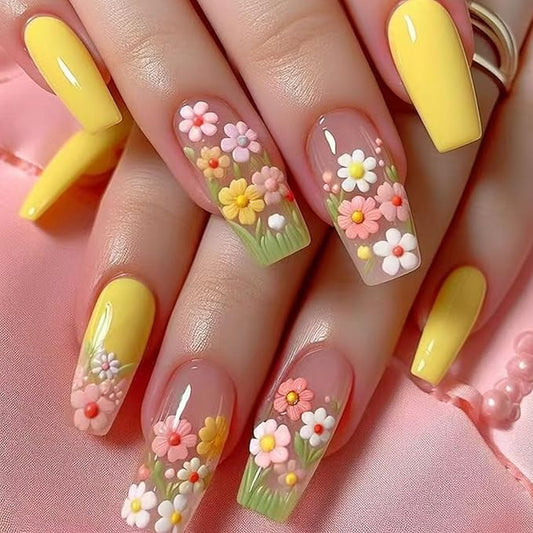Press on Nails Medium Coffin Fake Nails with Color Floral Designs Glue on Nails Yellow Full Cover Nails Press ons Glossy False Nails Cute Artificial Stick on Nails for Women 24Pcs