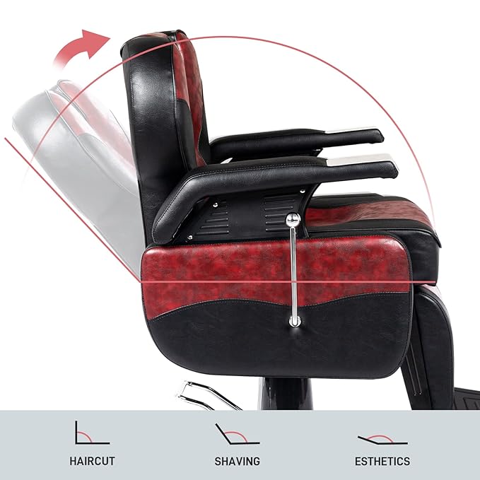 OmySalon All Purpose Hydraulic Barber Chair Recline 360 Degree Swivel Height Adjustable Heavy Duty Hairdresser Chair Beauty Salon Spa Tattoo Styling Barbershop Equipment Black & Red