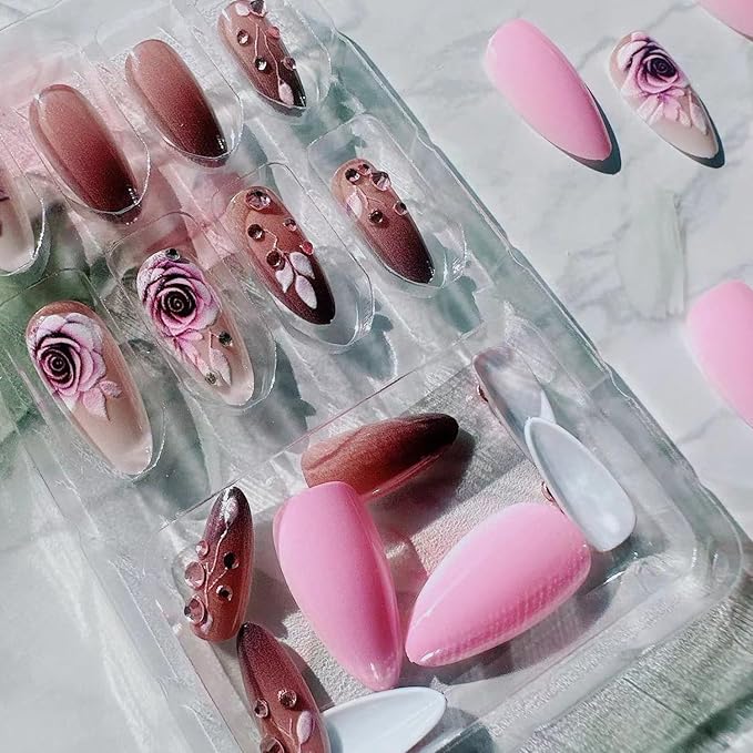 24Pcs Flower Press on Nails with Rhinestone Design False Nails Glossy Glue on Nails Purple Rose Acrylic Medium False Nails Flowers Stick on Nails for Women Nail Art Floral Finger Manicure Decorations