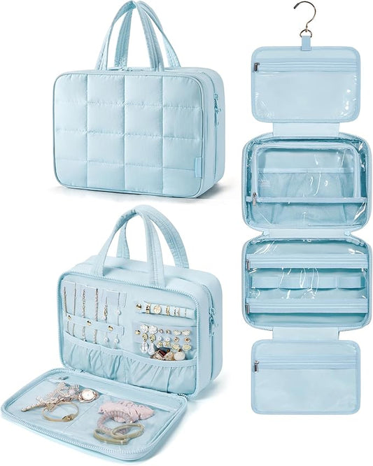 BAGSMART Travel Toiletry Bag with Jewelry Organizer, Hanging Travel Bag for Toiletries, Puffy Makeup Cosmetic Bag Organizer, Carry-on Travel Accessories Essentials, Light Blue-L