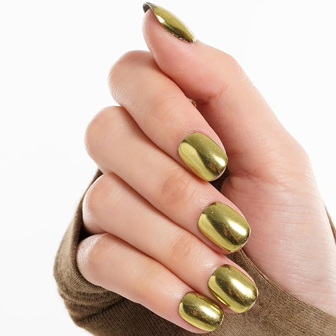 GLAMERMAID Extra Short Press on Nails 24PCS, Handmade Golden Chrome Fall Gel Glue on Nails, Glossy Round Reusable UV Finish Fake Nails Acrylic False Nails Manicure Kits for Women