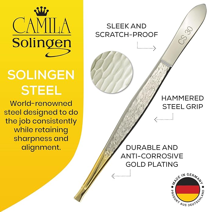 CS30 3.5 Inches Gold Tipped, Surgical Grade, German Stainless Steel Tweezers (Claw) - Flawless Eyebrow and Facial Hair Shaping and Removal for Men/Women