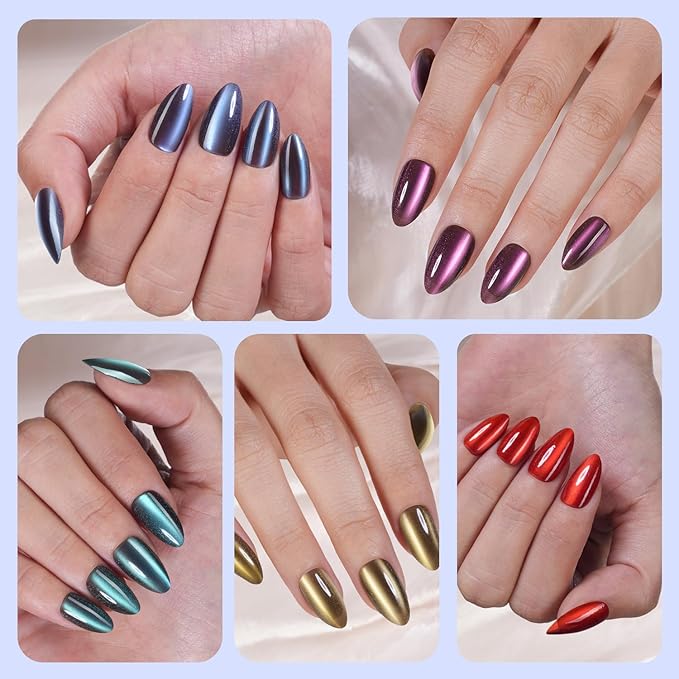 150Pcs Cat Eye Press on Nails Medium Almond, Soft Gel Fake Nails, Glossy Glitter Cat Eye Nail Tips for Women and Girls Stick On Nails in 15 Sizes