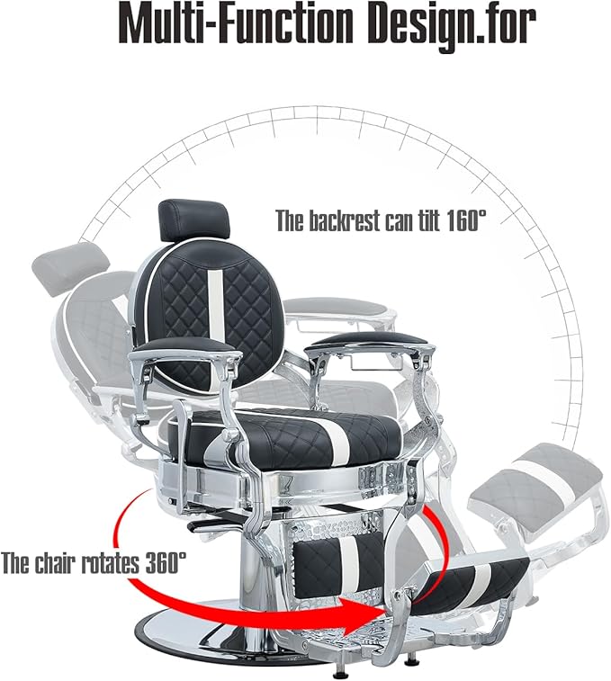 FRNIMAC Heavy Duty Barber Chair, All Purpose Vintage Style Mens Barber Chair Hydraulic Recline Salon Chair Barbershop Equipment for Beauty Spa Tatoo Massage, Weight Capacity 700lbs (Black-Chrome)