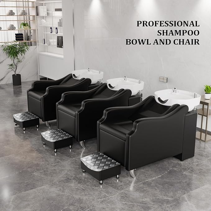 OmySalon Shampoo Backwash Unit with White Porcelain Bowl, Salon Sink Hair Wash Chair Shampoo Station, Barbershop Beauty Spa Massage Hairdressing Equipment