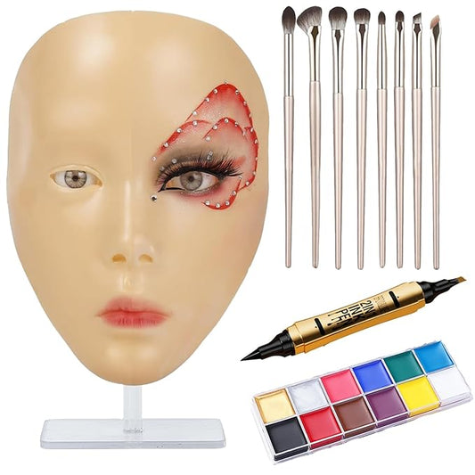 Makeup Practice Face, Eye Makeup Practice Head Silicone, Makeup Practice Accessories Set with Face Painting Mannequin Head, Makeup Brushes, Face Painting and Eyebrow Pen, Makeup Practice Gift, Yellow