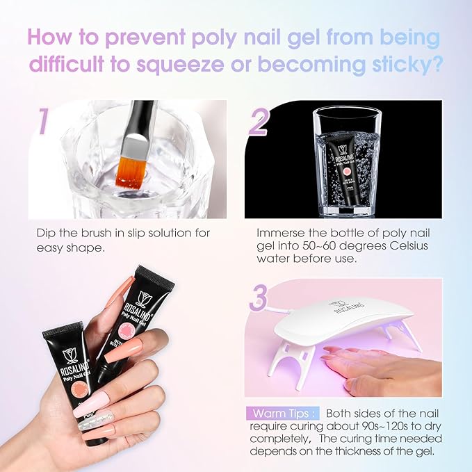 ROSALIND 38PCS Poly Nail Gel Kit with Mini Nail Lamp Neon Blue Poly Extension Gels Kit Hot Pink Nude Poly Nails Set