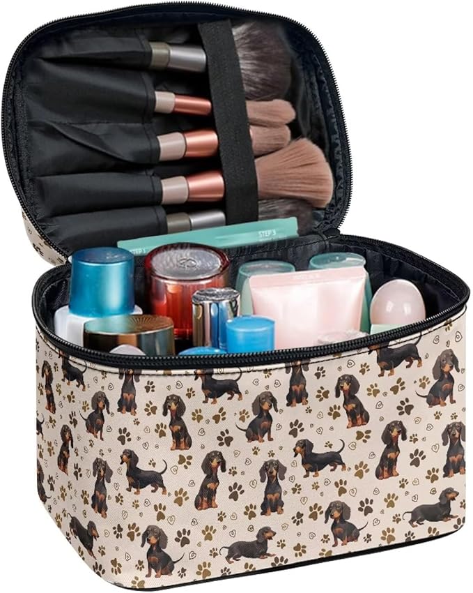 Dachshund Dog & Paws Print Travel Makeup Bags for Women Portable Tote Cosmetic Case with Carry Handle Toiletry Accessories Storage Organizer Bags, Beige