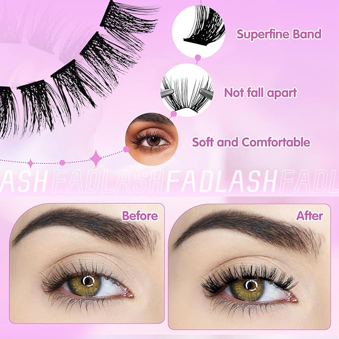 FADLASH Lash Clusters Natural Eyelash Clusters 8-16mm DIY D Curl Cluster Eyelash Extensions with Soft Thin Band Reusable Individual Lashes for Self Use (W33, 10-16mm)
