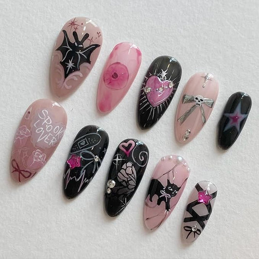 24Pcs Gothic Press on Nails Medium Almond Fake Nails Black Cat Bow Heart with Rhinestones Gems Y2k Glitter Design Full Cover Y2k Glue on Nail Halloween False Nails for Women Artificial Acrylic Nails