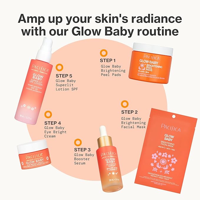 Pacifica Glow Baby Brightening Vitamin C Face Mask 4-Pack – Hydrating Serum-Soaked Sheet Mask for Glowing Skin, Fights Dullness & Dark Spots, Infused with Aloe & Kelp, 100% Vegan & Cruelty-Free