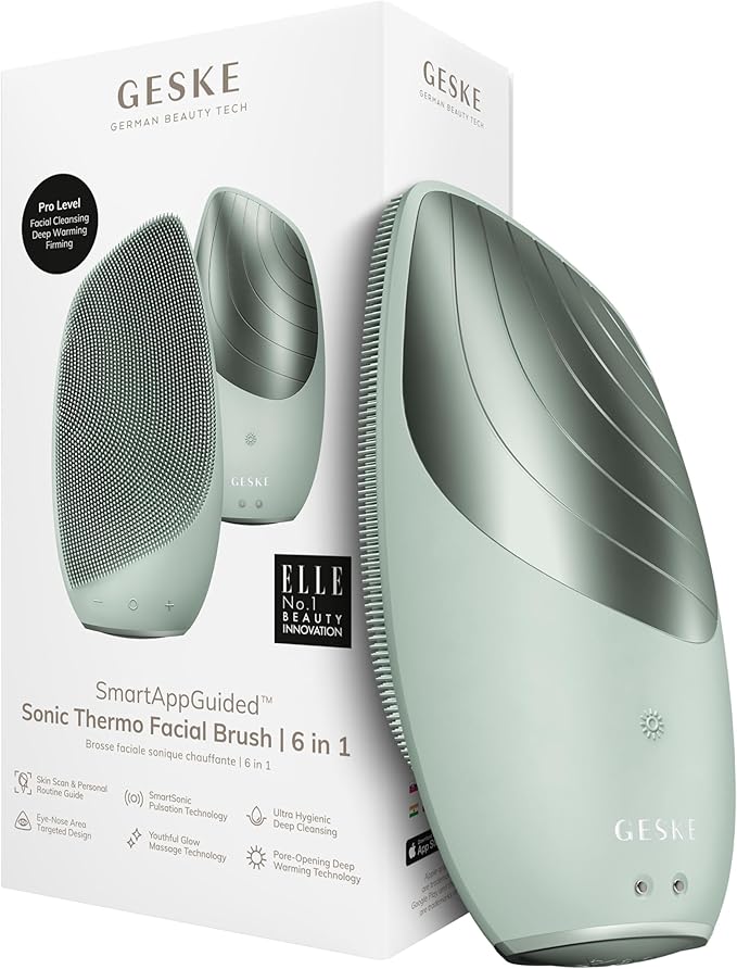 GESKE SmartAppGuided Sonic Thermo Facial Brush | 6 in 1 | Skin Cleansing | Cleansing Brush with Thermal Function | Electric Facial Massager