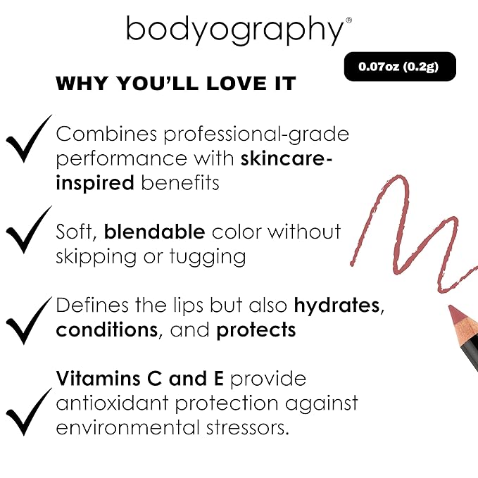 Bodyography Timber Lip Pencil | Lip Liner Pencil with Coconut Oil, Vitamin E & C | Long-Lasting, Matte Liner for Definition & Color | Makeup Essential for Smooth Lip Contour