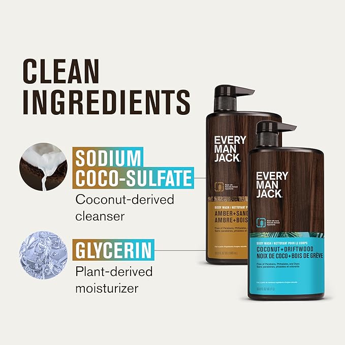 Every Man Jack Coconut + Driftwood & Amber + Sandalwood Mens Body Wash for All Skin Types - Cleanse, Hydrate, and Smell Great - Free of Parabens, Phtalates, and Dyes - 33.8 fl oz (2 Pack)