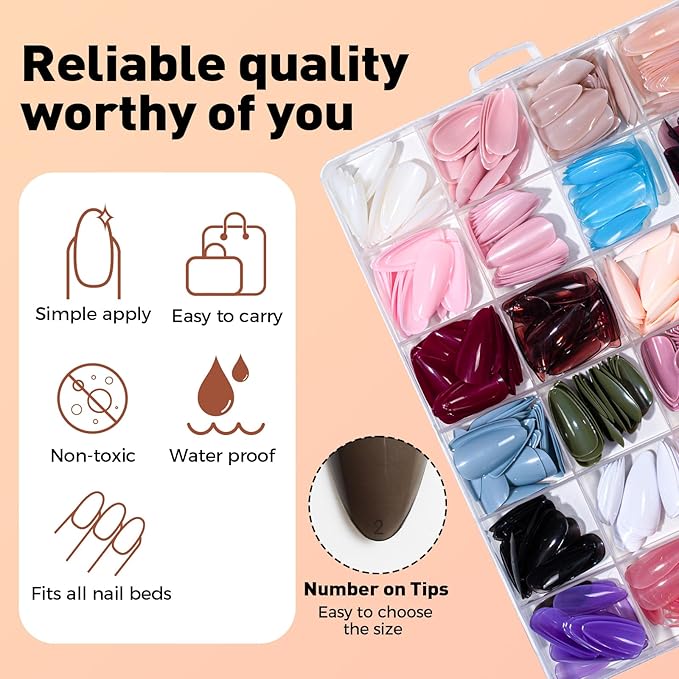 Press on Nails, 24 Colors 576PCS Medium Almond False Nails with 12 Sizes, Full Cover Press on Nails for Women, Lightweight Matte Natural Fake Nails for Nail Art Design