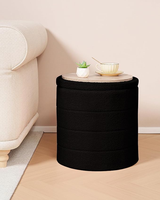 B FSOBEIIALEO Ottoman with Stroage, Round Sherpa Storage Ottoman Stool, Boucle Foot Rest 16.9"x16.9"x17.7"（Black