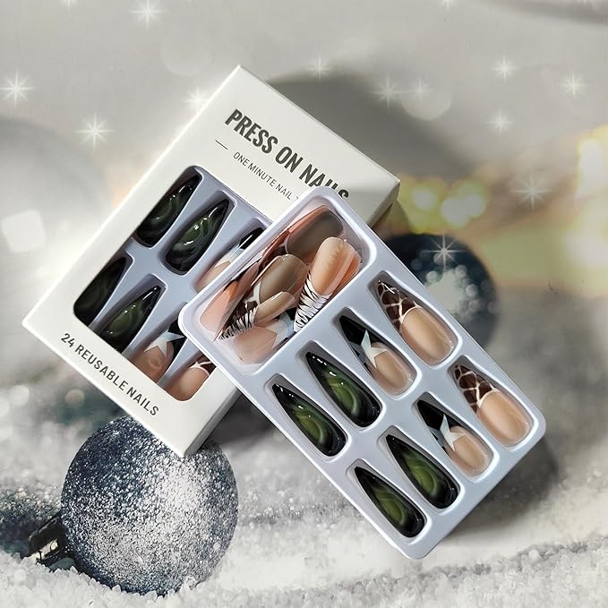 3D Press on Nails Animal Print French Tips Fake Nails Zebra Crocodile Tortoiseshell Patterns False Nails Long Stiletto Full Cover Artificial Glue on Nails Star Stick on Nail for Women 24Pcs